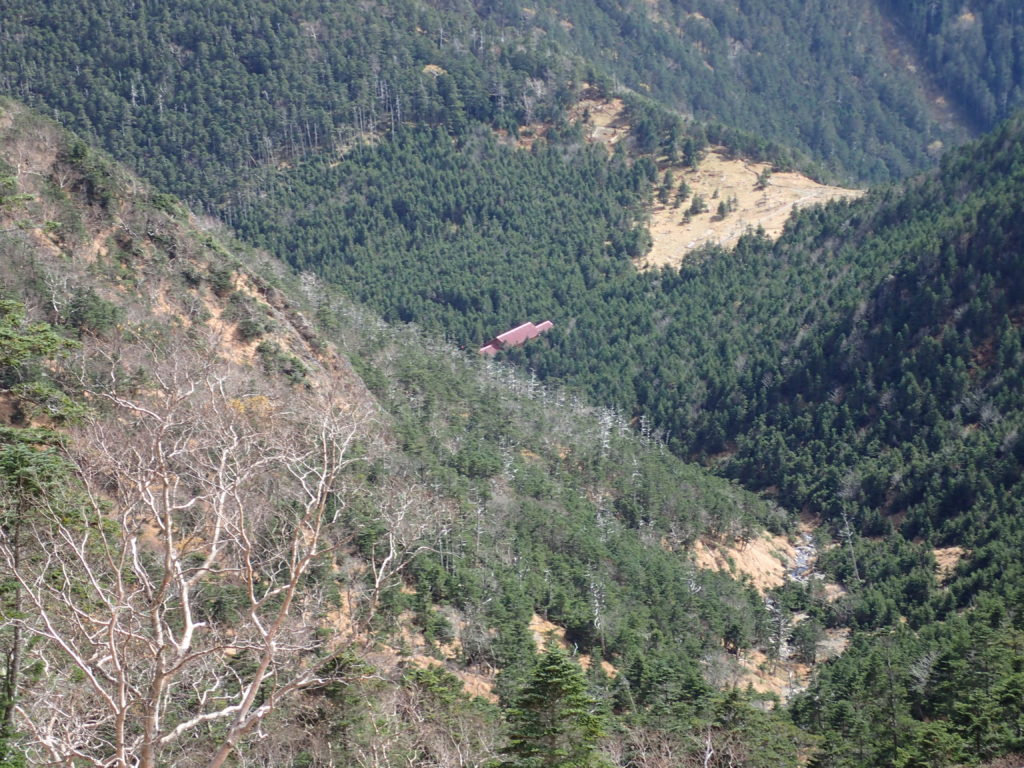 聖岳の便ヶ島ルートの薊畑付近から見おろす聖平小屋