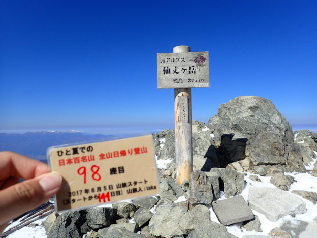 146日間で日本百名山を完登した、ひと夏での日本百名山全山日帰り登山で、南アルプスの仙丈ヶ岳登山をした際に山頂で撮影
