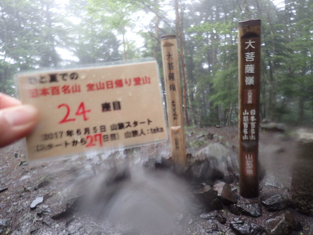 ひと夏での日本百名山全山日帰り登山で登った大菩薩嶺の山頂で自作の登頂カードで記念写真