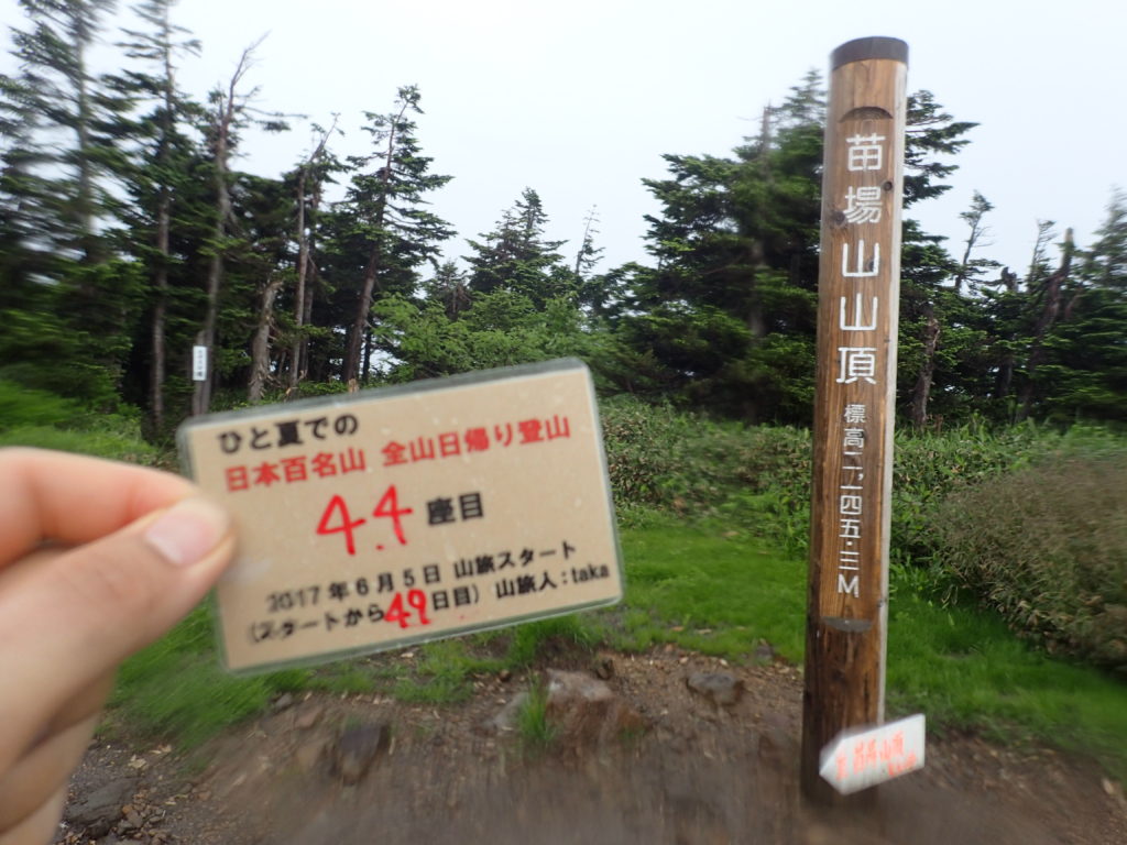 ひと夏での日本百名山全山日帰り登山で登った苗場山の山頂で自作の登頂カードで記念写真