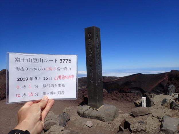 海抜0ｍからの富士山登山であるルート3776を達成した記念に富士山頂で記念撮影