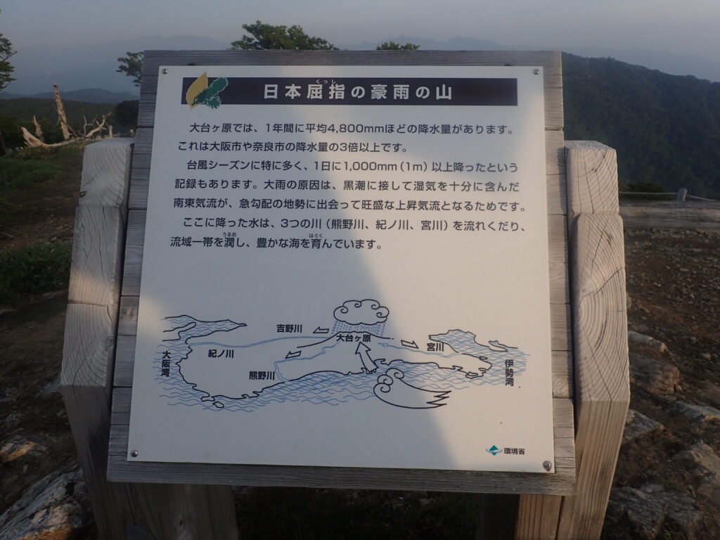 日本百名山の大台ヶ原山を登山した時にオリンパスの防水デジタルカメラタフで撮影した日本屈指の豪雨の山の看板