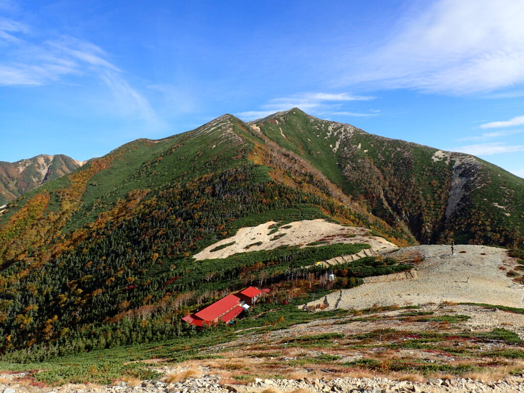 日本百名山で北アルプスの常念岳を登山した時にオリンパスの防水デジタルカメラタフで撮影した常念小屋と横通岳