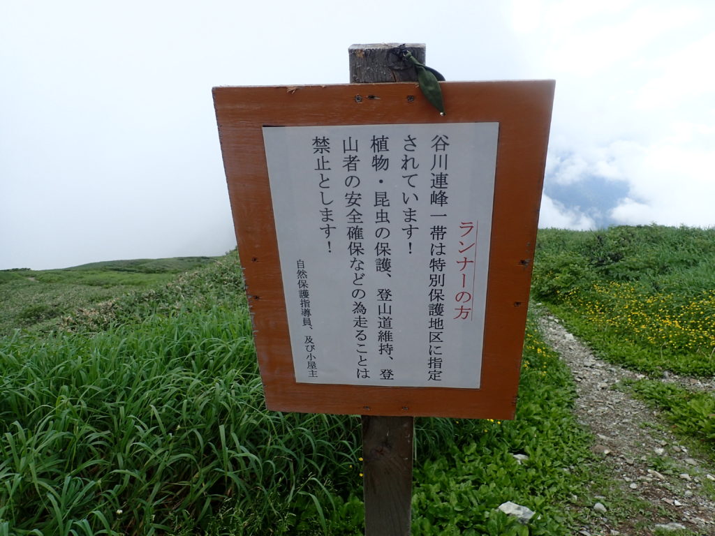 谷川岳の肩ノ小屋前にある谷川連山一帯を走ることを禁止する看板