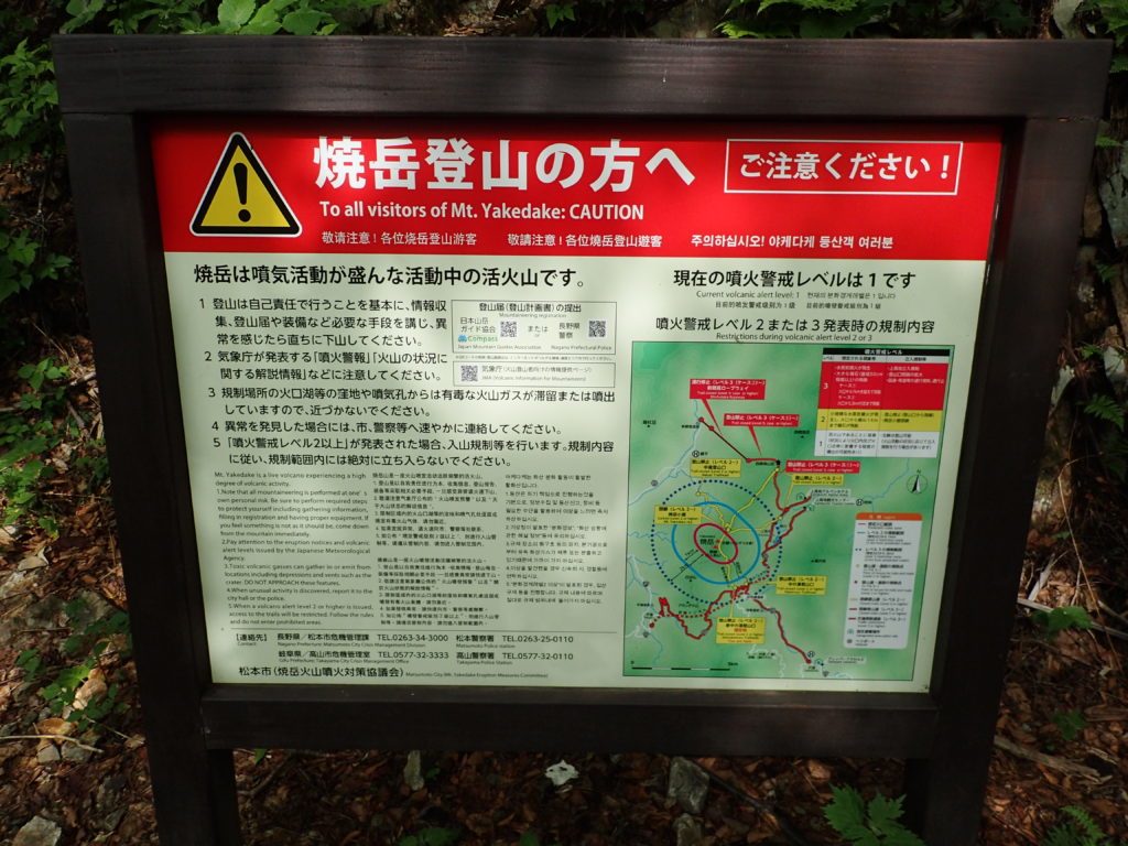焼岳登山口(中の湯)にある噴火警戒レベルについての看板