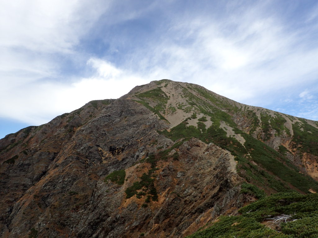 聖岳の便ヶ島ルートの小聖岳付近から見上げる聖岳山頂