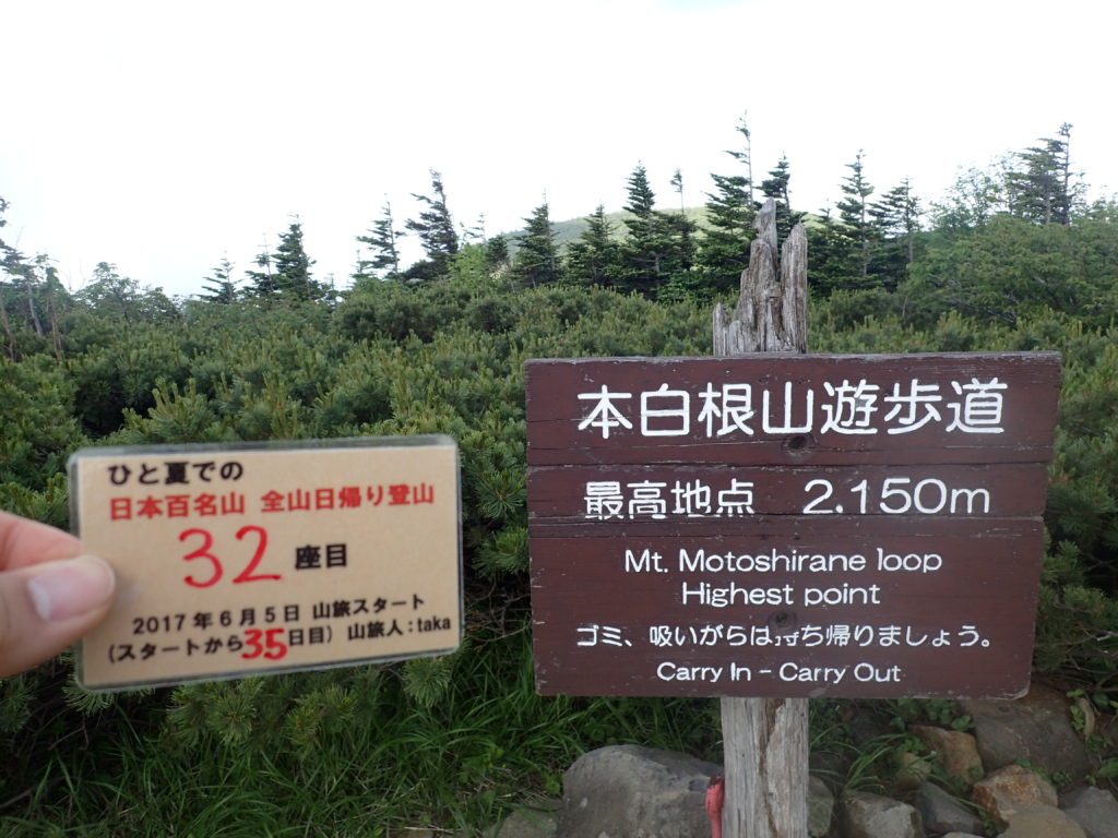 ひと夏での日本百名山全山日帰り登山で登った草津白根山の本白根遊歩道の最高地点で自作の登頂カードで記念写真