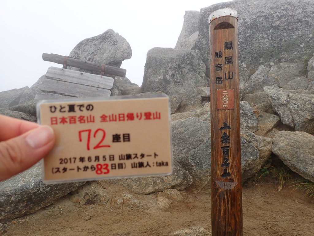 ひと夏での日本百名山全山日帰り登山で登った鳳凰山の観音岳山頂で自作の登頂カードで記念写真