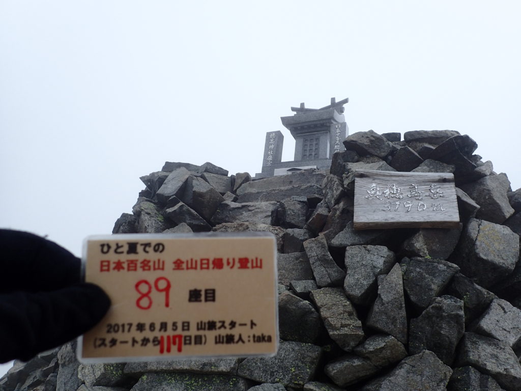 ひと夏での日本百名山全山日帰り登山で登った穂高岳の山頂で自作の登頂カードで記念写真