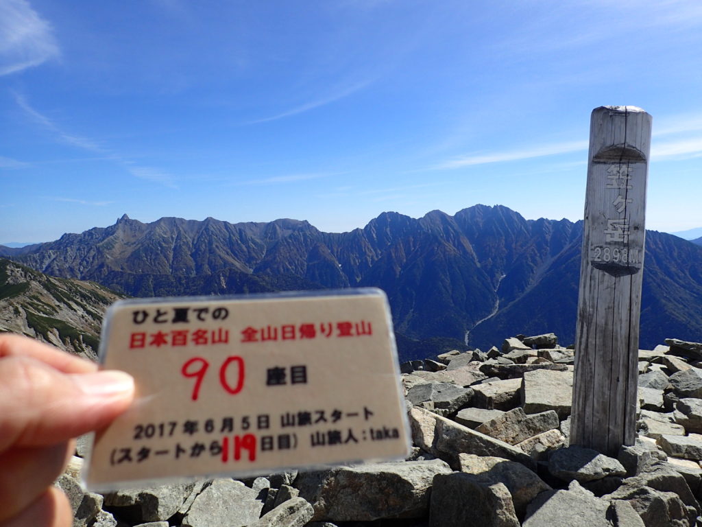 ひと夏での日本百名山全山日帰り登山で登った笠ヶ岳の山頂で自作の登頂カードで記念写真