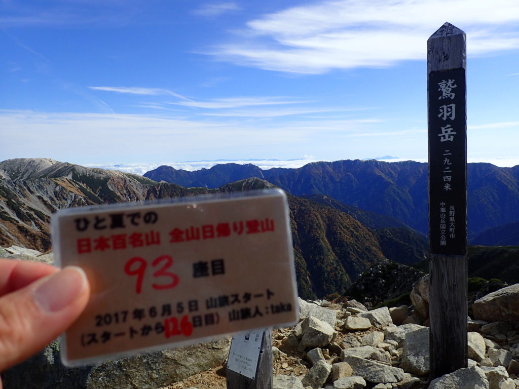 ひと夏での日本百名山全山日帰り登山で登った鷲羽岳の山頂で自作の登頂カードで記念写真