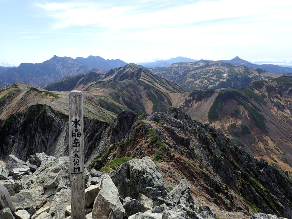 ひと夏での日本百名山全山日帰り登山で撮影した北アルプスの水晶岳の山頂標