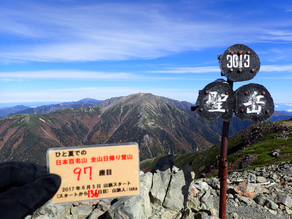 ひと夏での日本百名山全山日帰り登山で登った聖岳の山頂で自作の登頂カードで記念写真