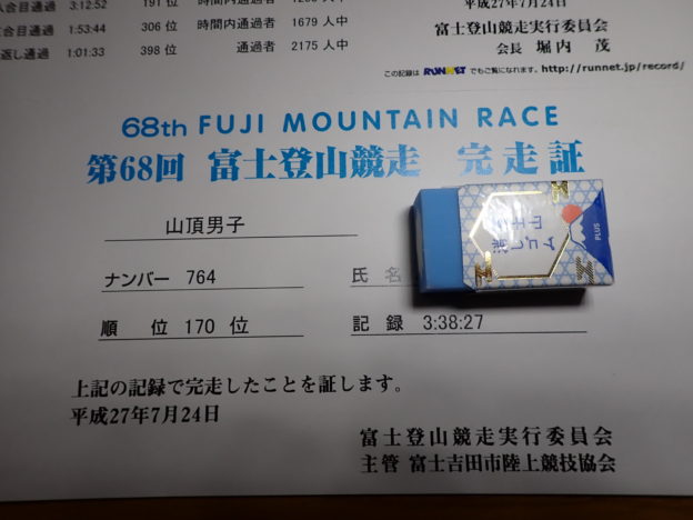 富士登山競走山頂コースの完走証