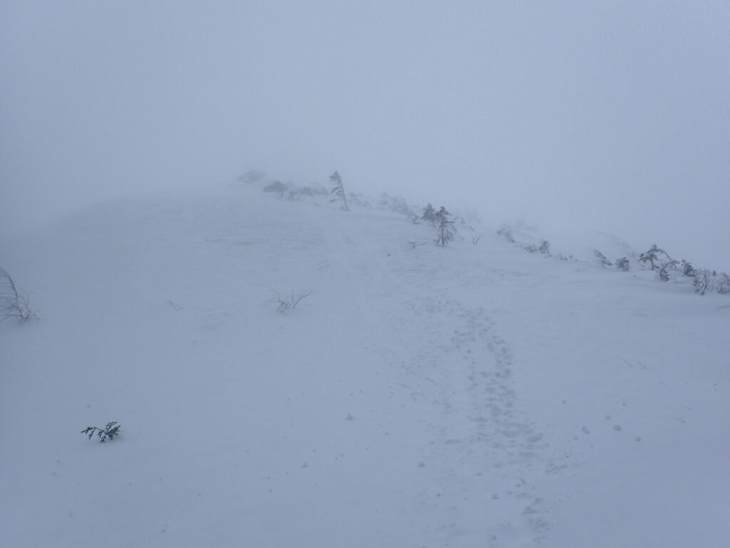 日本百名山の八ヶ岳登山をした時に撮影した天狗岳へと続くホワイトアウトした登山道