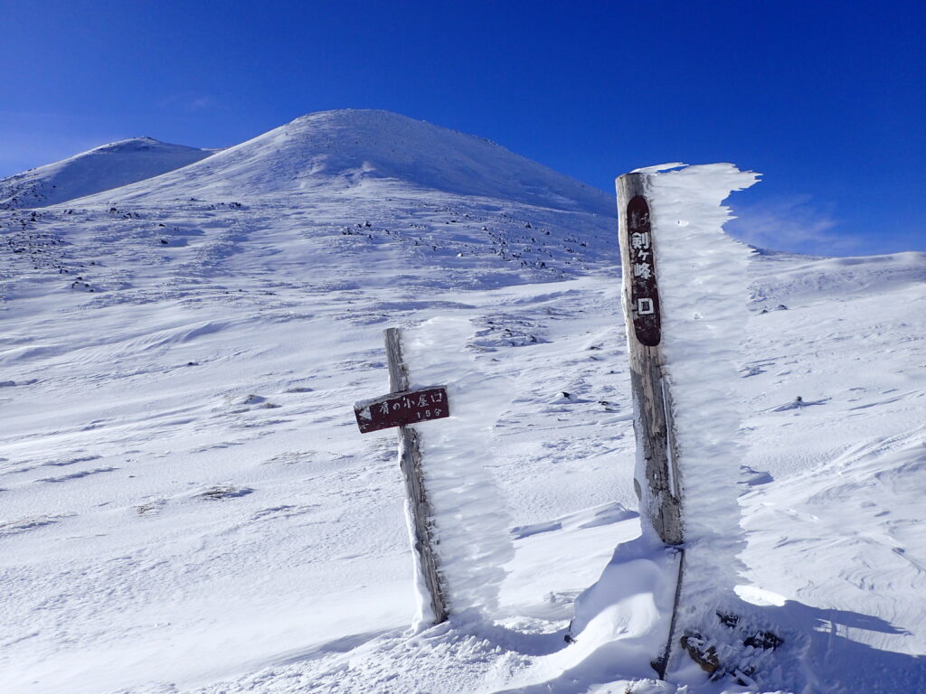 北アルプス乗鞍岳を雪山登山した時に撮影した、剣ヶ峰口の樹氷(エビの尻尾)