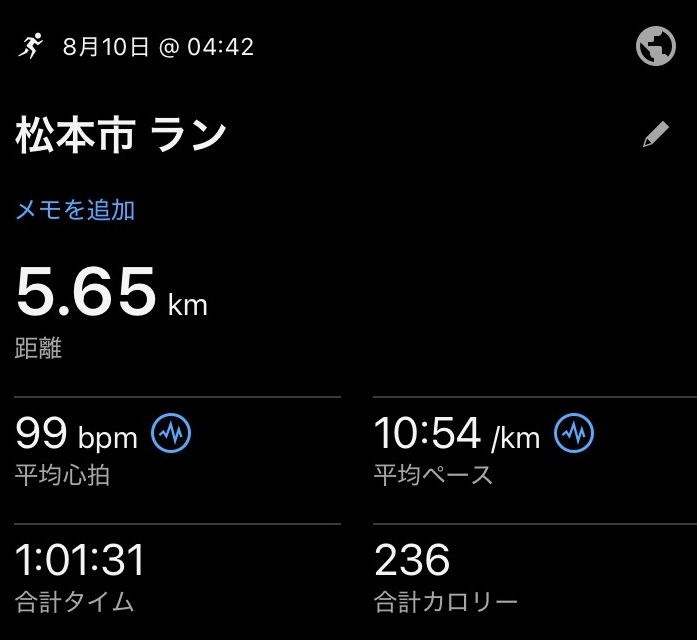 育児中の2025年8月10日に60分ウォーキングをしたときのガーミンの腕時計のログ
