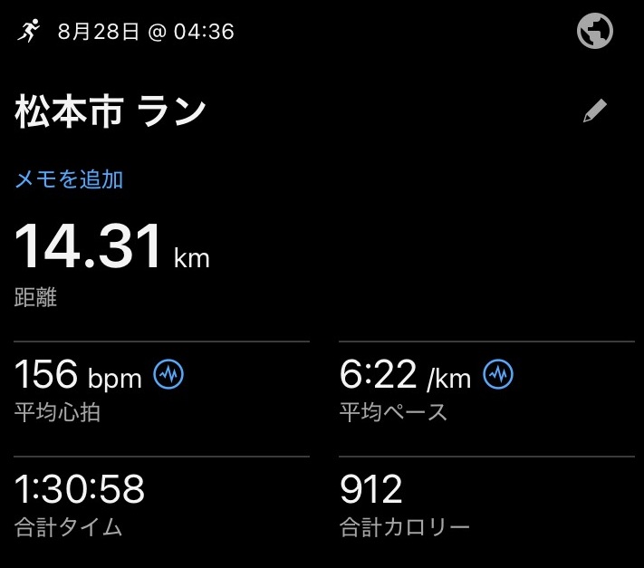 育児中の2025年8月28日に90分のジョギングをしたときのガーミンの腕時計のログ