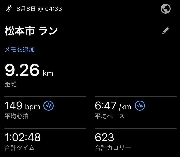 育児中の2025年8月6日に60分スロージョギングをしたときのガーミンの腕時計のログ