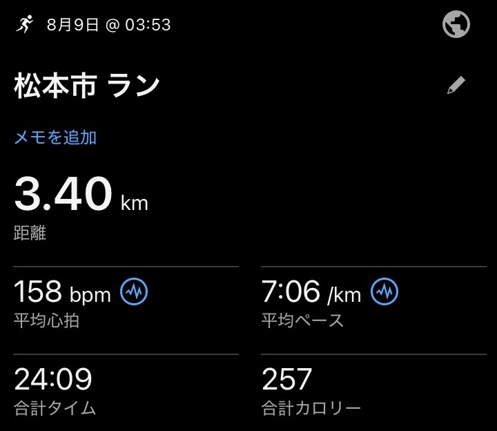 育児中の2025年8月9日に65分スロージョギングをしたときのガーミンの腕時計のログ