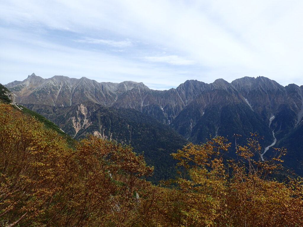 日本百名山の笠ヶ岳を登山した時にオリンパスの防水デジタルカメラタフで撮影した黄葉と槍ヶ岳・穂高岳の稜線