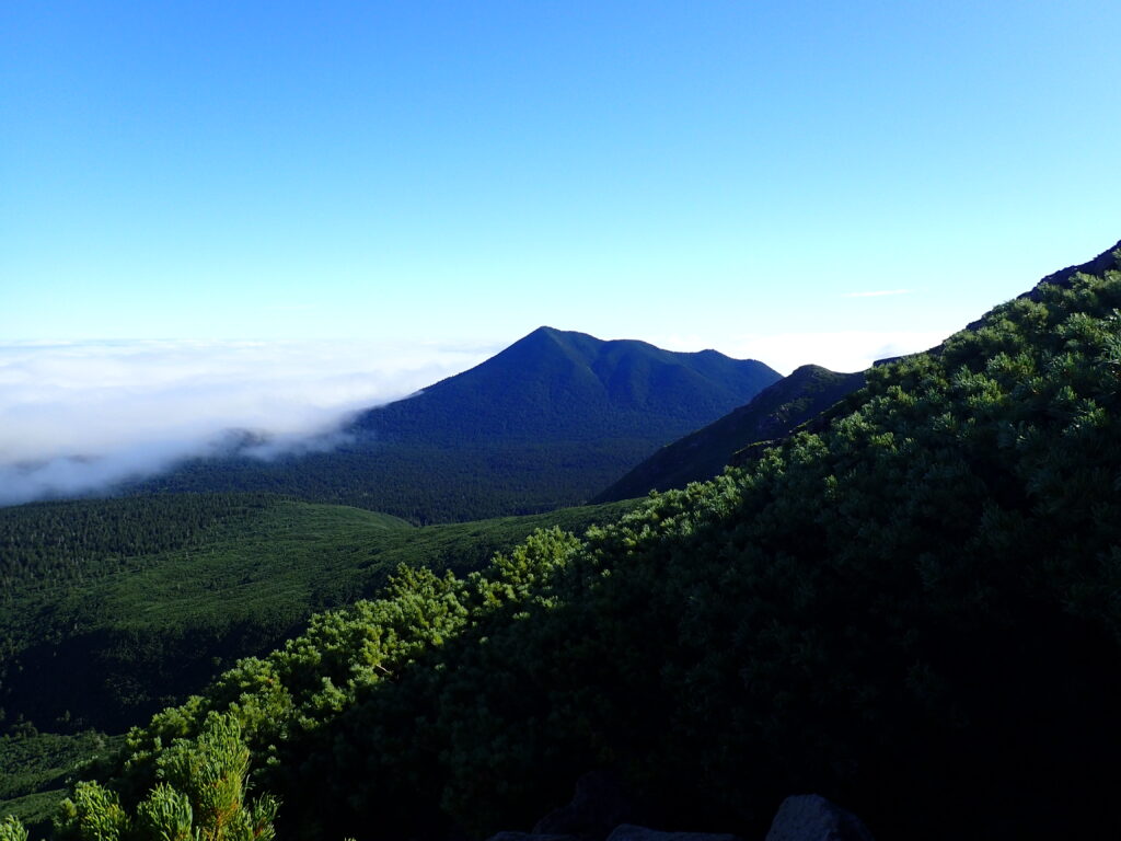 日本百名山の雌阿寒岳を登山した時にオリンパスの防水デジタルカメラタフで撮影したフップシ岳と雲海