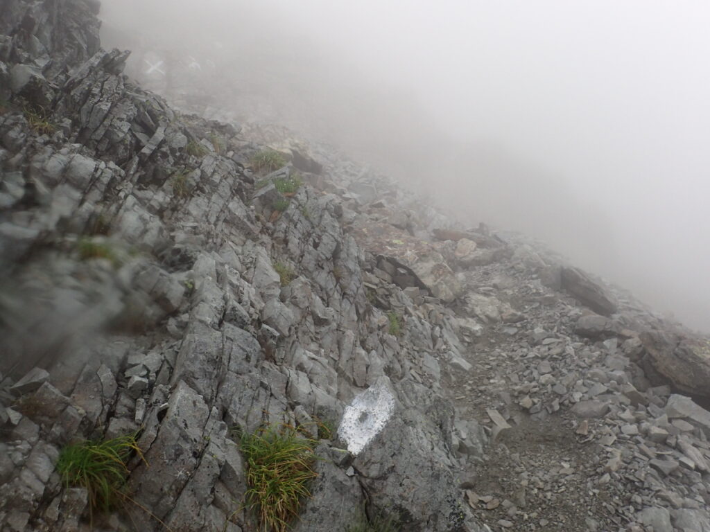 日本百名山の槍ヶ岳を登山した時にオリンパスの防水デジタルカメラタフで撮影した霧雨につつまれた、槍ヶ岳穂先への登山道