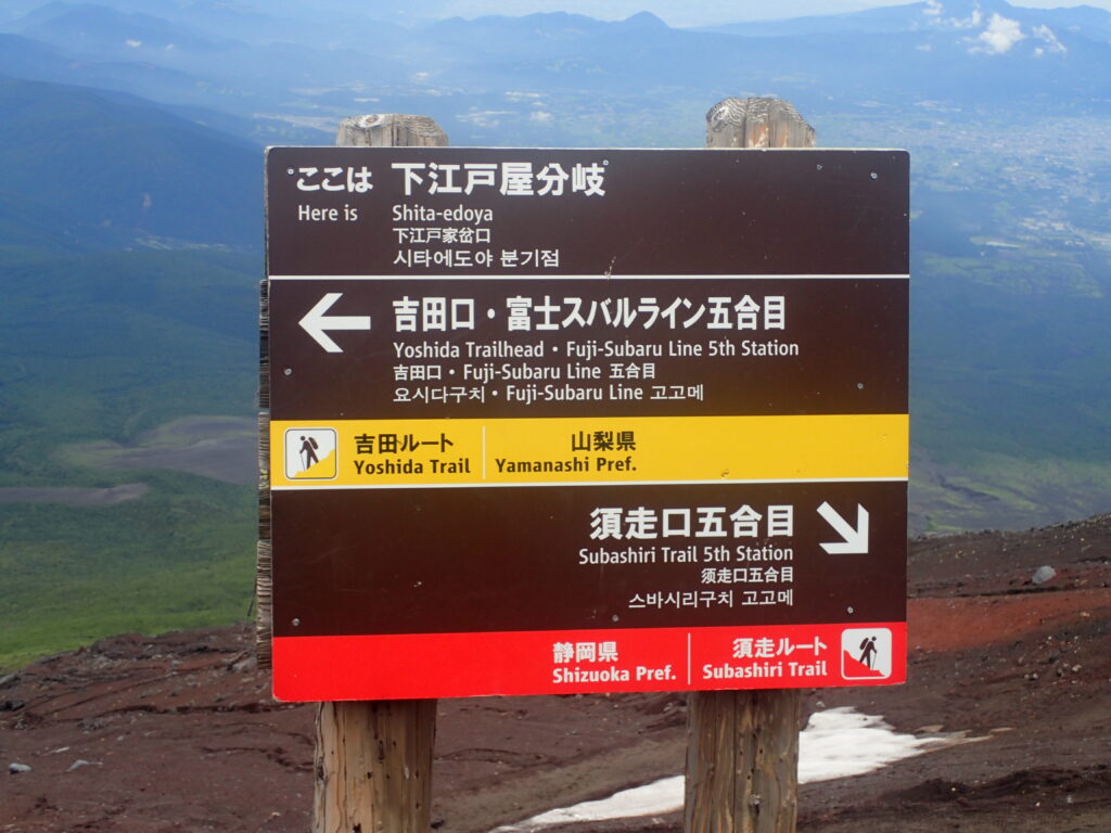 日本百名山の富士山を登山した時にオリンパスの防水デジタルカメラタフで撮影した下山道の吉田ルートと須走ルートの分岐の看板