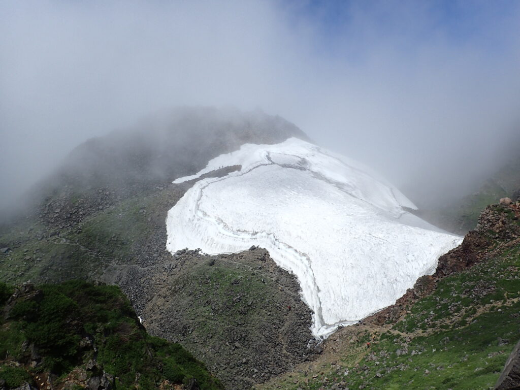 日本百名山の鳥海山を登山した時にオリンパスの防水デジタルカメラタフで撮影した残雪と登山道