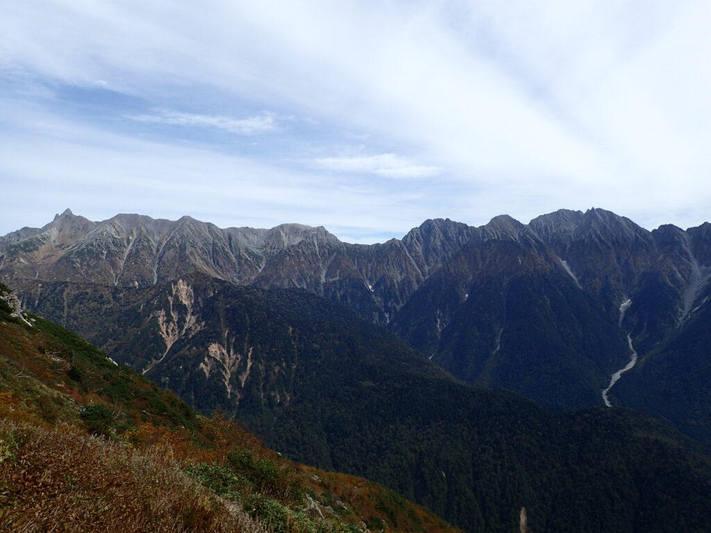 日本百名山の笠ヶ岳を登山した時にオリンパスの防水デジタルカメラタフで撮影した槍ヶ岳～大キレット～穂高岳の稜線